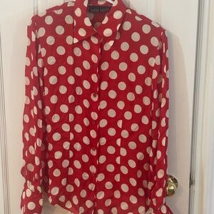 100 % silk red with white polka dots button up 90s